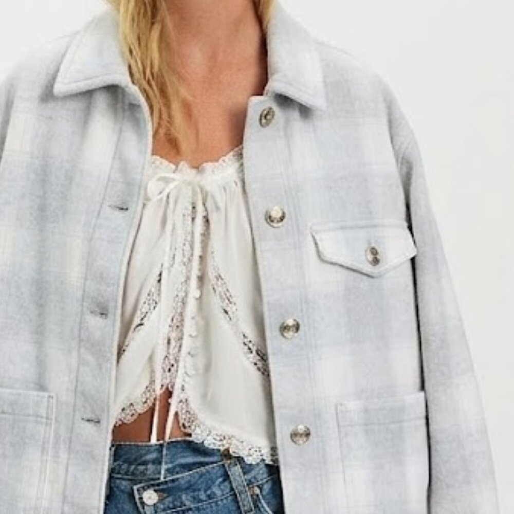 AE Soft Plaid Button Up Grey Shirt Jacket in Flannel - Picture 6 of 6